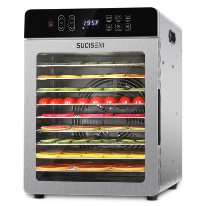SUCICENI Food Dehydrator for Jerky, 10 Stainless Steel Trays 9ft² Dehydrator Machine, 1000W Dehydrator with 24H Timer 195℉ Temperature Control for Meat, Fruits, Veggies, Dog Treats