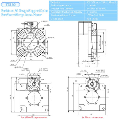Hollow Rotating Platform 130mm 10:1 Ratio with 3Nm Integrated NEMA23 57mm Closed Loop Stepper Motor Driver Kit 45kg Load High Precision ≤1 Arcmin Speed Reducer for Automation Indexing Table Robotic