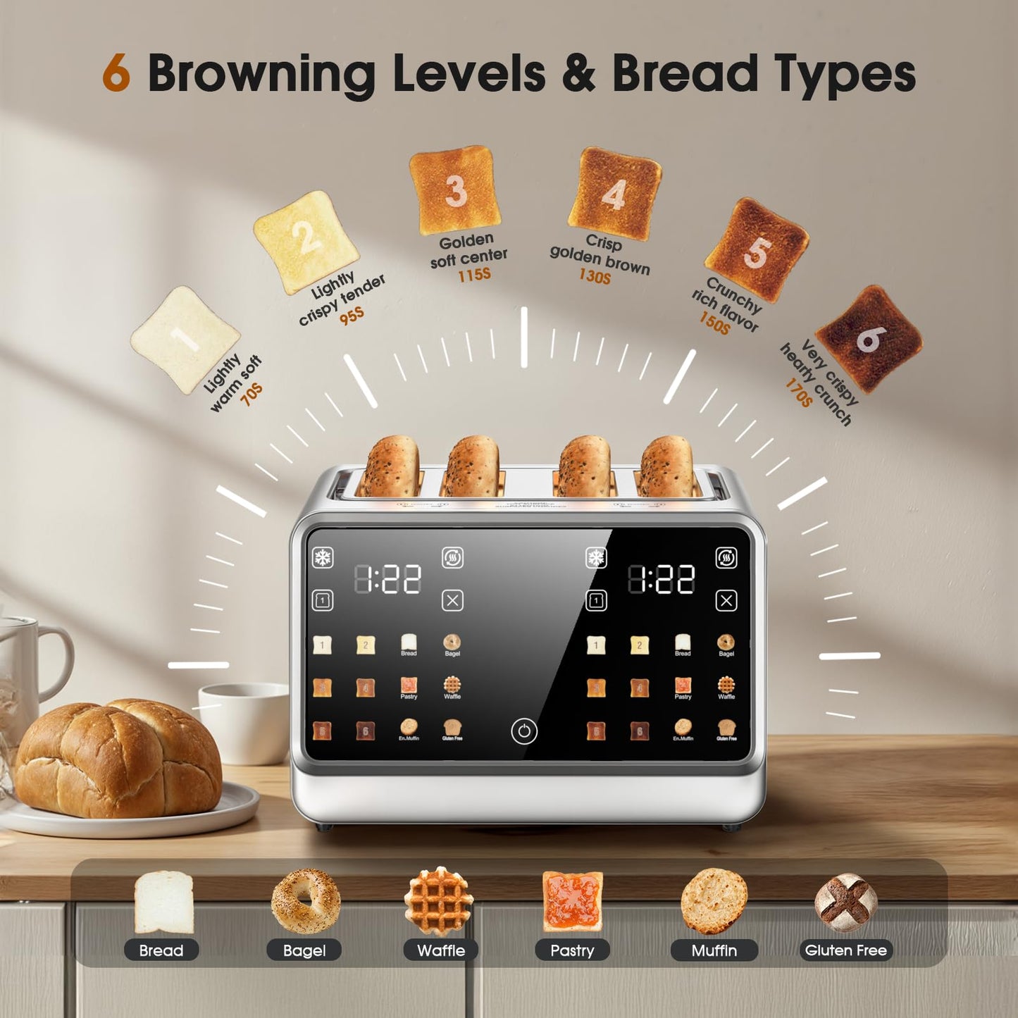 4-Slice Smart Toaster, 1800W Digital Touchscreen with Dual-Zone Control, 1.5" Extra-Wide Slots for Bagels & Thick Bread, 6 Browning Levels & 6 Presets, Single-Slot Energy Saving, Defrost/Reheat