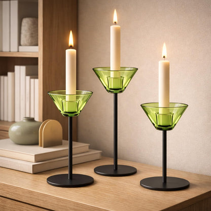 Smytle Emerald‑Green Glass Candlestick Holders, Green Tea Light Candle Holders with Weighted Matte‑Black Metal Base, Botanical Table Decor for Dining, Wedding & Holiday