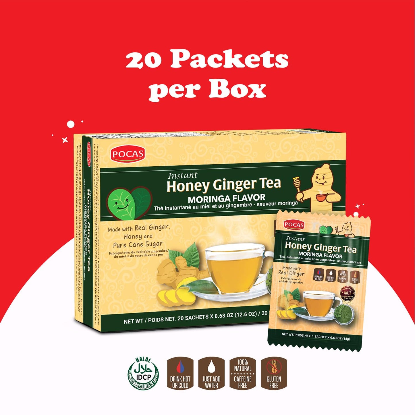 Pocas Honey Ginger Tea, Moringa Flavor, 2-Pack – Instant Tea Powder Packets with Real Ginger, Honey, and Pure Cane Sugar, Caffeine Free, 20 Count Ea