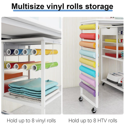 PUNCIA Heat Press Stand with 360°Rotating Craft Cart Table Compatible with Cricut Machine Rolling Organization and Storage with Vinyl Roll Holder Crafting Workstation for Craft Room Home Office