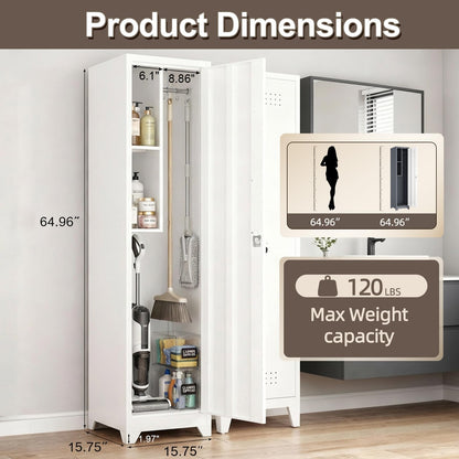 FATIGOS Slim Broom Closet Storage Cabinet, 65" H Metal Cabinets with Lock and Shelves & S-Hooks, Utility Closet, Narrow Storage Cabinets for Home Office, Pantry, Bathroom, Garage, White