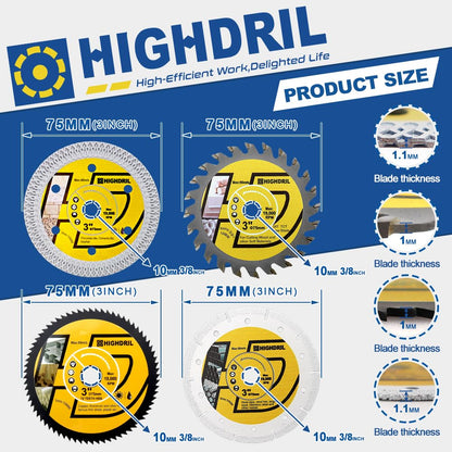 HIGHDRIL 3" 75mm Circular Saw Blade Set 4pcs and HIGHDRIL Diamond Drill Bits Kit with 5/8-11