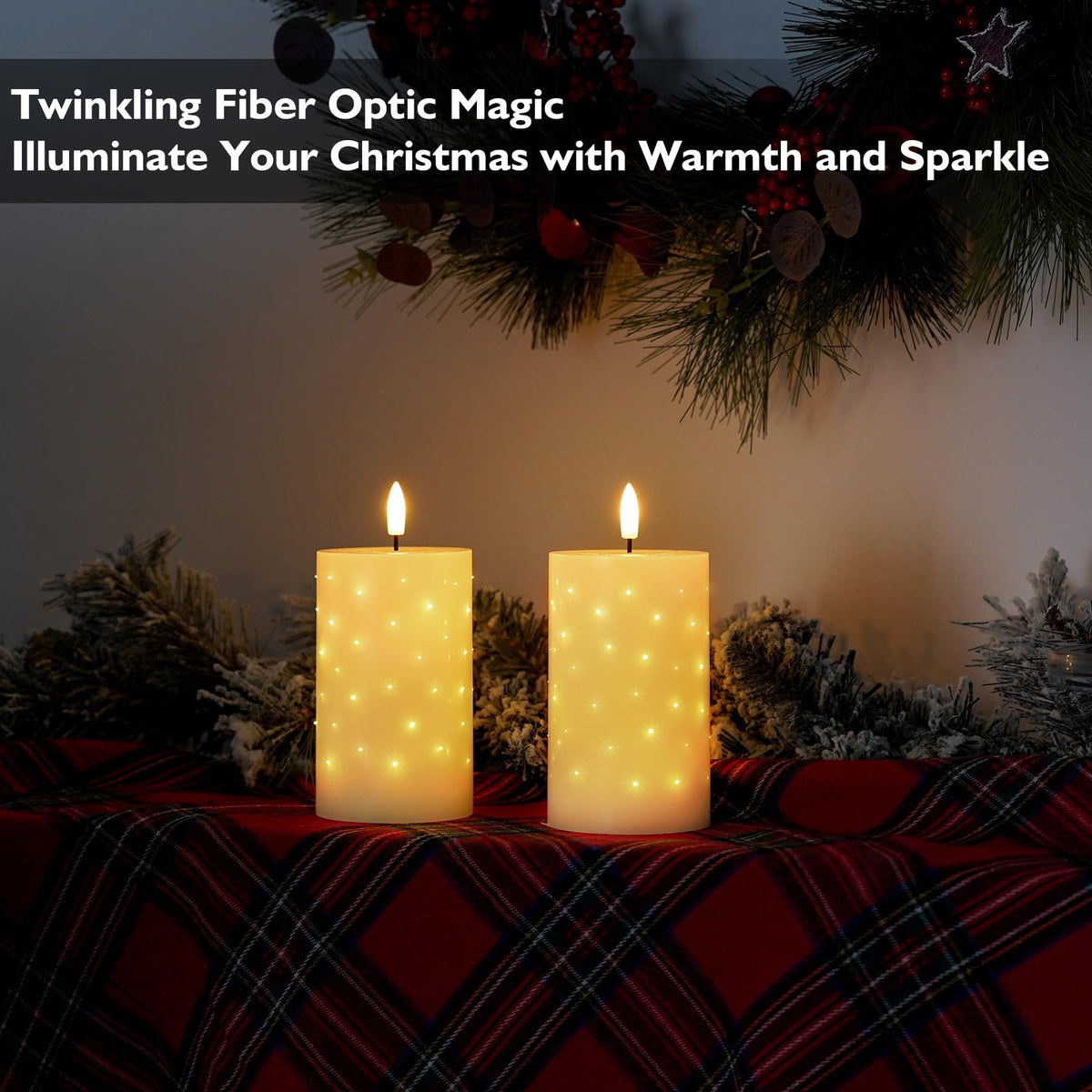 Rhytsing 5 inches White Real Wax LED Candles with Twinkle Fiber Optic Lights, Battery Operated Decorative Candles for Christmas Table Centerpieces, Batteries and Remote Included - Set of 2