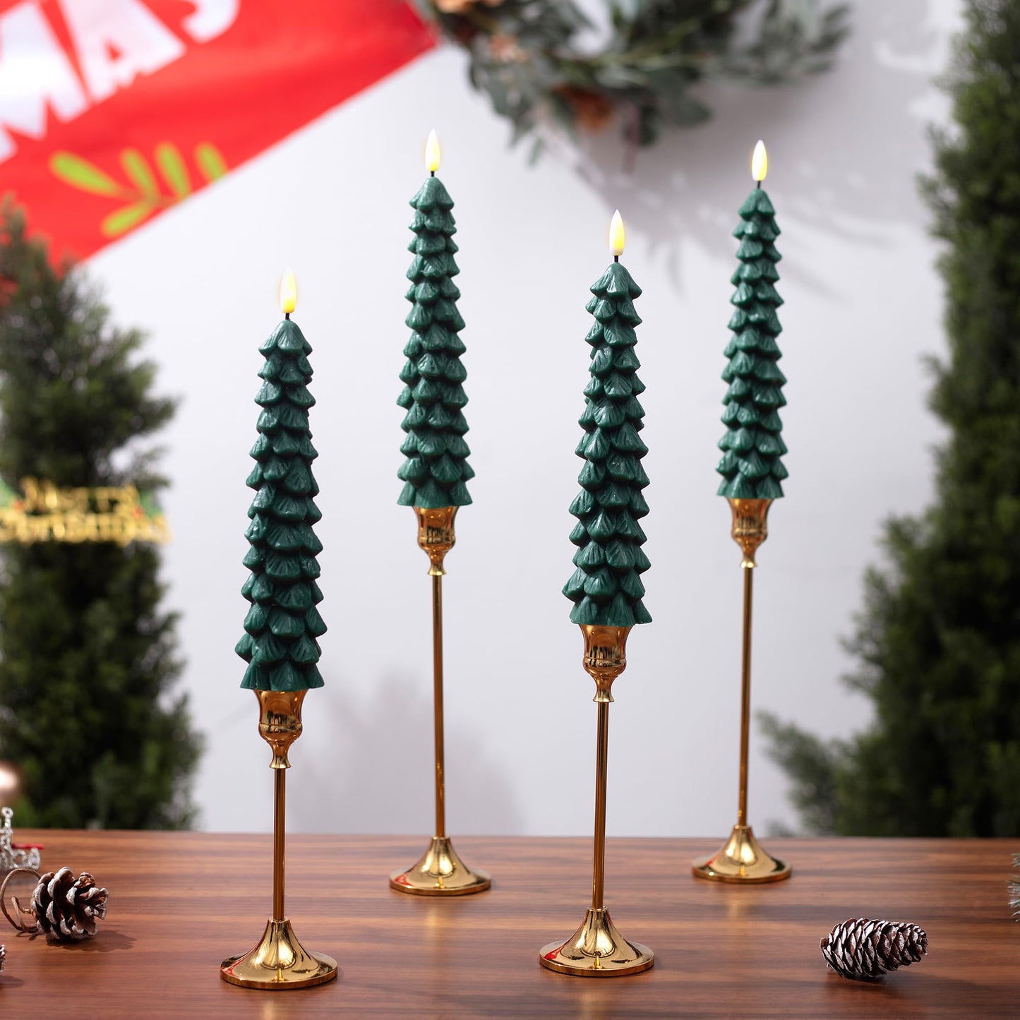 Stmarry 4 PCS Flameless Christmas Tree Candles with Remote Timer, Real Wax Flameless Taper Candles 9.65 Inch, LED Candlesticks with 3D Flickering Flame, Christmas Decor Candles Battery Operated