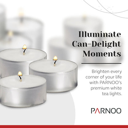 Tealight Candles in Metal Cups - Clean White Unscented with 8 Hour Long-Burning Time, Bulk Votives for Romantic Dinners, Weddings, Spas & Hotels by PARNOO (75 Count, Classic)