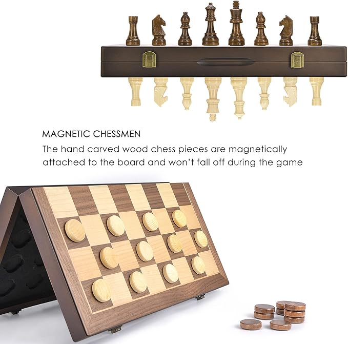 AMEROUS Magnetic Wooden Chess and Checkers Game Set 15 Inches (2 in 1) Chess Board Games 2 Extra Queens - Gift Package - Game Pieces Storage Slots Beginner Chess Set for Kids Adults