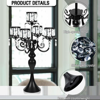 Crystal Candle Holder by [Brand Name] - 5-Arm Black Metal Design | 22-Inch Tall Wedding Centerpiece