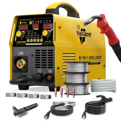 200A MIG Welder 110V/220V Dual Voltage 6 IN 1 MIG/Stick/Flux/Lift TIG Welder,Synergistic Control,LED Display,IGBT Portable Welding Machine for Steel Stainless Steel DIY & Fabrication