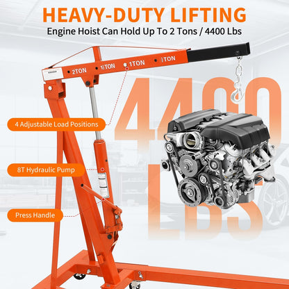 2-Ton Folding Engine Hoist Cherry Picker 4400 Lb Capacity Hydraulic Shop Crane with Telescoping Boom 6 Caster Wheels for Automotive Repair Garage Use Includes Hitch and Storage Stand Orange