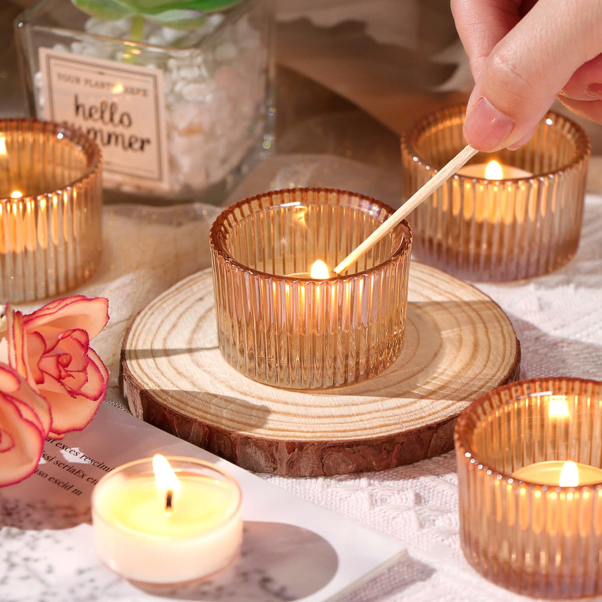 Lanttu Tealight Candle Holder Set of 12, Gold Small Votive Candle Holders for Table Centerpiece, Glass Tea Light Candles Holder for Party & Home, Wedding Decor (2'' Dia x 1.4'' H)