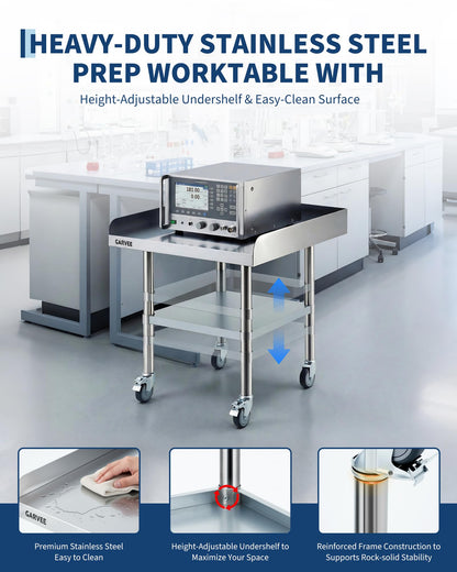 24 x 36 x 26 Inch Stainless Steel Work Table with Wheels, 3-Sided Backsplash and Adjustable Undershelf, Heavy Duty Commercial Prep Worktable for Kitchen, Restaurant, Garage