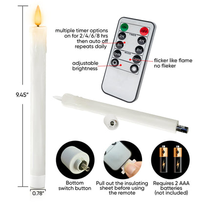 Homemory 6 PCS Real Wax Flameless Taper Candles with Remote, Flickering LED Candlesticks with Timer Dimmer, Fake Candles for Xmas Wedding Celebration Decor, White, 9.6 Inches