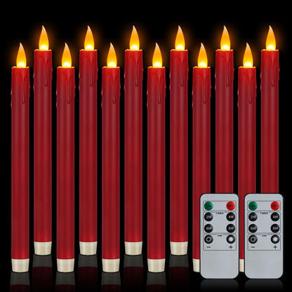 12 Pcs Burgundy Flameless Taper Candles with Remote, 10" Tall Electric Led Candlesticks, Plastic Battery Operated Taper Candles for Halloween Dinner Party Wedding Birthday Home Décor