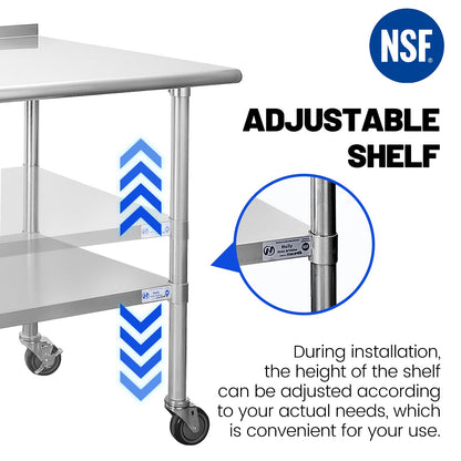 Hally Stainless Steel Table for Prep & Work 24 x 60 Inches with Caster Wheels, NSF Commercial Heavy Duty Table with Undershelf and Backsplash for Restaurant, Home and Hotel