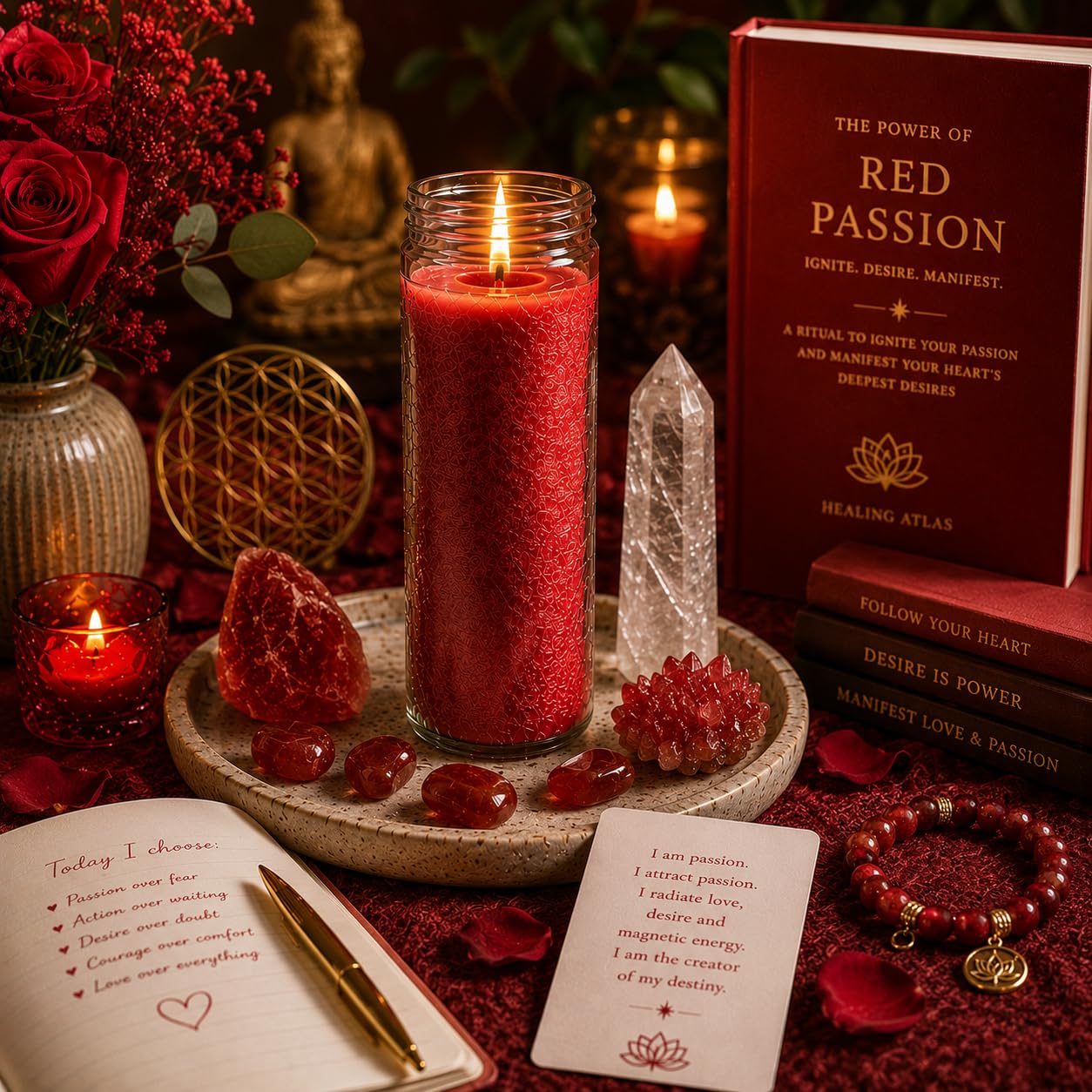 Red Passion Manifestation Candle Kit – 8" Ritual Prayer Candle with Intention Scrolls, Pencil & QR Guide for Passion, Confidence, Motivation & Strength
