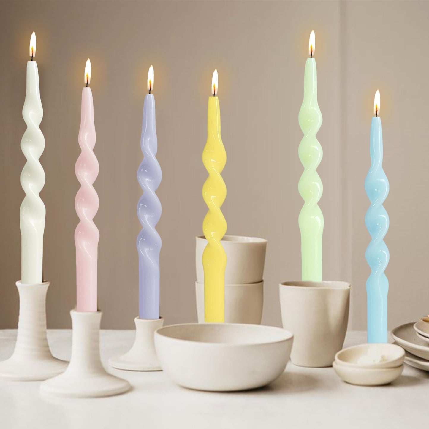 10 Inches Spiral Taper Candles Sticks Pastel Twisted Candle Dripless Unscented Long Candles, Handmade Candy Candlesticks for Wedding Dinner Decor, Set of 6