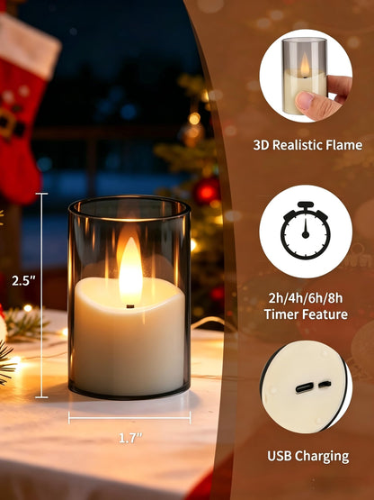 YTRUSTIX Rechargeable Flameless Tea Light Candles with Timer Remote, 1.7"x2.5" Acrylic Small Votive Electric LED Candles Battery Operated for Home Aniversary Wedding Holiday Decor (Pack of 6, Gery)
