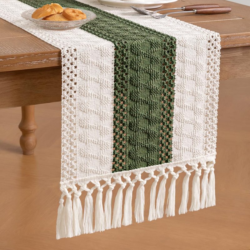 Socomi Boho Table Runner Summer Farmhouse Rustic Dining Kitchen Centerpiece Decor Small Macrame Woven Cotton Linen Coffee Table Runner for Dresser Scarf Home Decor 12x72 inch Olive Green