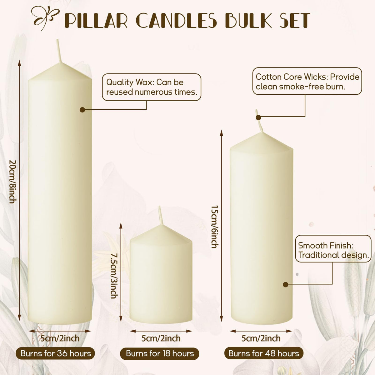 36PC Lvory Pillar Candles Bulk 2 in x 3, 6, 8 Inch Long Burning Wax Pillar Candles Unscented Smokeless Dripless for Wedding Centerpieces Spa Lantern Fireplace Home Christmas Thanksgiving Party Decor