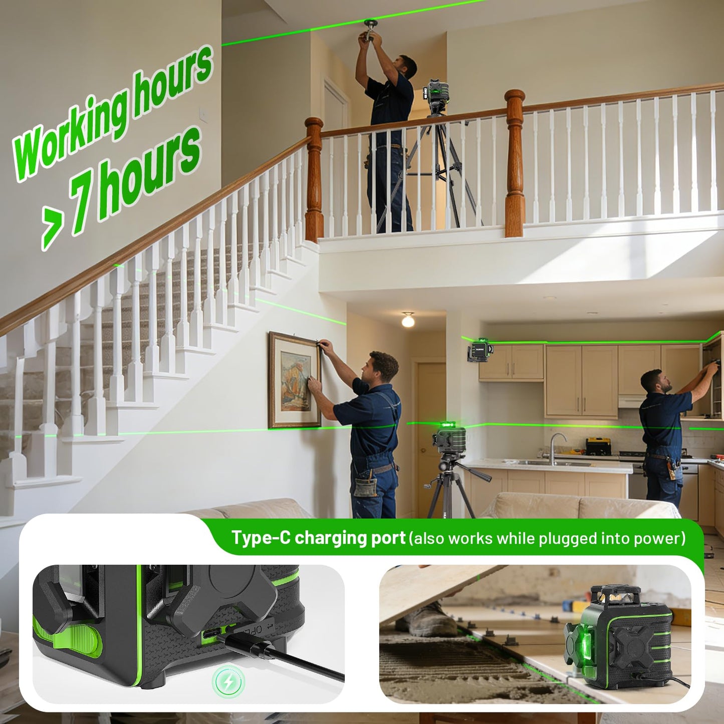 Huepar 360 Laser Level with Tripod, 60-Inch Drop Protection Self-Leveling Green Lazer Leveler Tool for Picture Hanging, Pulse Mode Adjustable Brightness, Hard Case, Green Glasses & Target Plate