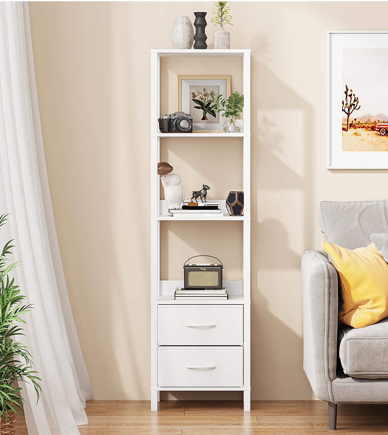VIMBER Tall Bookshelf with Drawers, 6-Tier Bookcase for Books, Garage Kit, CDs, Movies, Modern Standing Bookshelves Storage Organizer for Bedroom Office Living Room White USSJ002W