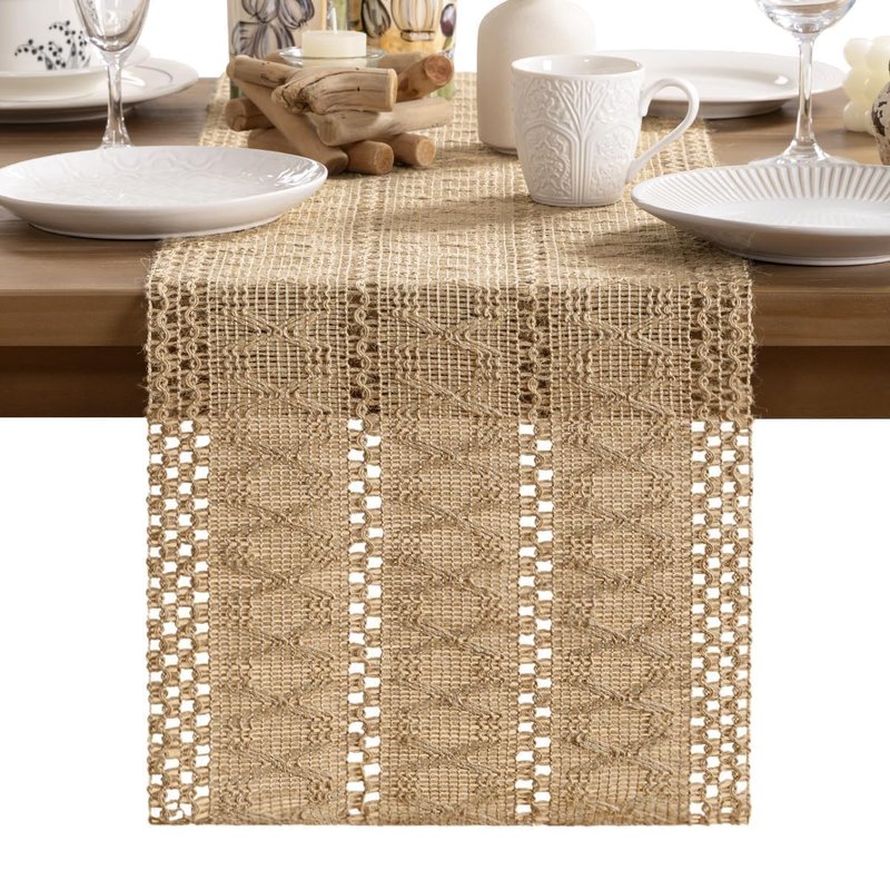 MLMW Boho Table Runner 36 inches Small Coffee Table Runner Rustic Burlap Macrame Jute Table Runner Dresser Runners for Bedroom Living Room Home Decor