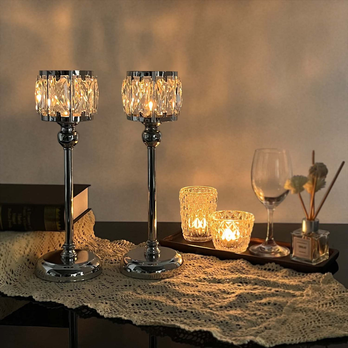 2 Pcs Crystal Bowl Tealight Candelabra Votive Candle Stand, Wedding centerpieces for Tables Crystal Candlestick，Centerpiece Table Decorations (Silver 2PCS)