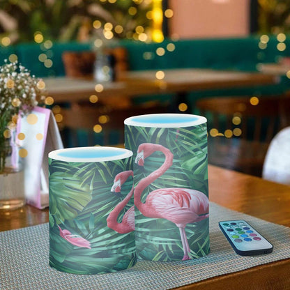ALAZA Flamingo Palm Leaves Flameless Candles, LED Pillar Candles with Remote Timer, Battery Operated Candles Set of 2