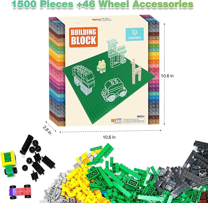 Lekebaby Classic 1546 Pieces Building Bricks with 46PCS Wheel Accessory Kit Basic Brick Set for Kids Creative Play Compatible with All Major Brands Educational Toy for Boys Girls 6 Years Old and Up