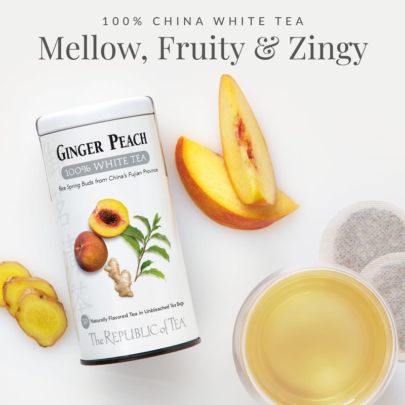 The Republic of Tea – Ginger Peach 100% White Tea Bags, Steeps 50 Low-Caffeinated Cups