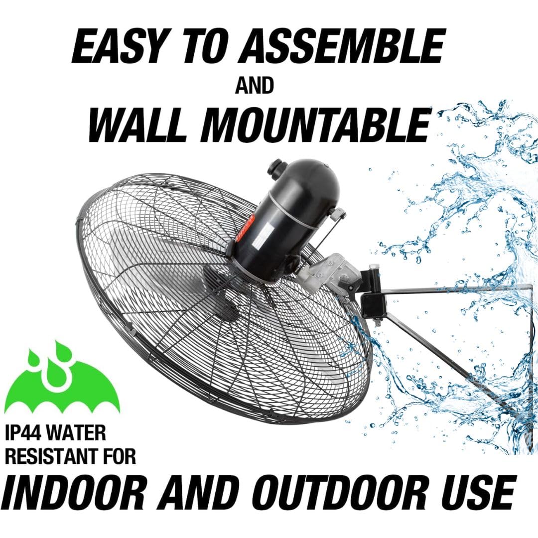 OEMTOOLS 30" Outdoor Wall Mount Fan, 80° Oscillating Fan 7200 CFM Max, Water Resistant, Use in Garage, Gym, Warehouse, Factory and Jobsite