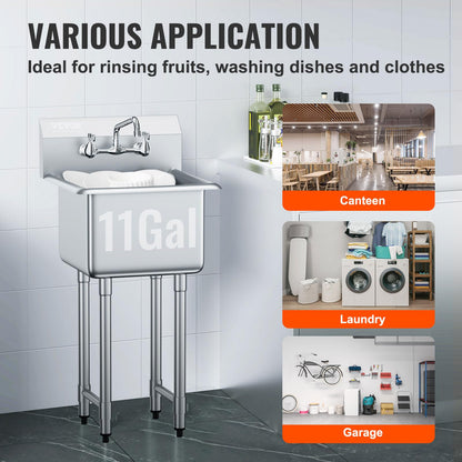 VEVOR Stainless Steel Prep & Utility Sink, 1 Compartment Free Standing Small Sink Include Faucet & legs,commercial Single Bowl Sinks for Garage, Restaurant, Kitchen, Laundry