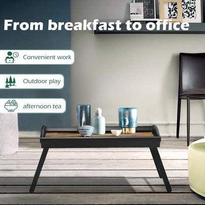 2 Pack Bamboo Bed Tray Table, Folding Legs and Handles, Breakfast Tray, Serving Tray with Groove for Phone Tablet, Laptop Desk for Bed or Sofa, Serving Tray for Eating, Working, Reading, Picnic