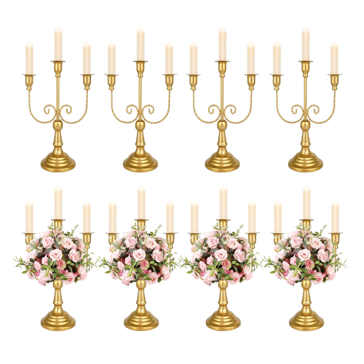 UCEHIPAW 8 Pcs Gold Candelabra 12 Inch 3 Arm Metal Candle Stand Wedding Candlestick Holder for Table Centerpieces Wedding Birthday Holiday Theme Party