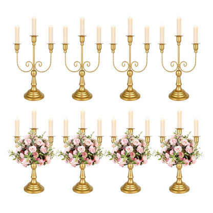 UCEHIPAW 8 Pcs Gold Candelabra 12 Inch 3 Arm Metal Candle Stand Wedding Candlestick Holder for Table Centerpieces Wedding Birthday Holiday Theme Party