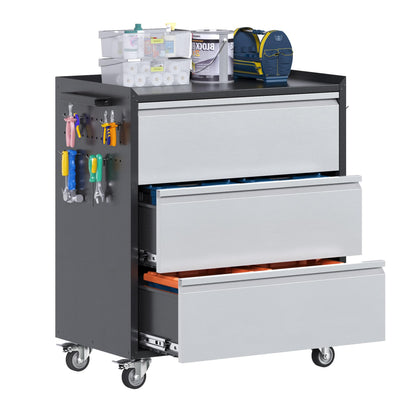 Aobabo Metal Rolling Tool Storage Cabinet with Drawers, Side Pegboards, Left Handle, Lockable Casters, Garage Workshop Utility Cart, 18.11 D x 30.3 W x 35.4 H Inches,Assembly Required