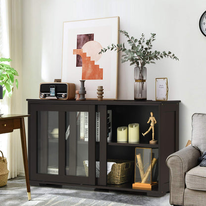 Byroce Sideboard Buffet Cabinet, Stackable Storage Coffee Bar Cabinet with Adjustable Shelf & Glass Sliding Doors, Wood Cupboard Credenza Console Table for Kitchen Dining Living Room (1, Coffee)
