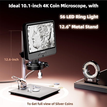 4K 30FPS HDMI Digital Microscope with 10.1'' Screen for Soldering LM208S, 4K Coins Microscope Camera 1500X for Adults, 3840P UHD Video Audio, 56 LED Ring Light, Full Coin View, PC View, 64G