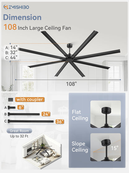 ZMISHIBO 108 Inch Large Ceiling Fans with Remote, High Volume(HVLS) Industrial Ceiling Fan with Reversible DC Motor, 8 Blades, 3 Downrods, Commercial Outdoor Ceiling Fans for Porch/Garage/Shop, Black