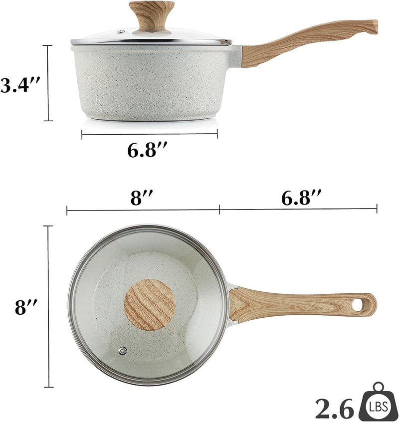 SENSARTE White Ceramic Nonstick Saucepan with Lid Set, Small Cooking Pot with Stay Cool Handle, Induction Compatible Saucepot, White Granite Coating, PFOA/PFAS Free, 2.0 + 2.5QT