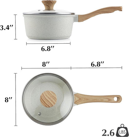 SENSARTE White Ceramic Nonstick Saucepan with Lid Set, Small Cooking Pot with Stay Cool Handle, Induction Compatible Saucepot, White Granite Coating, PFOA/PFAS Free, 2.0 + 2.5QT