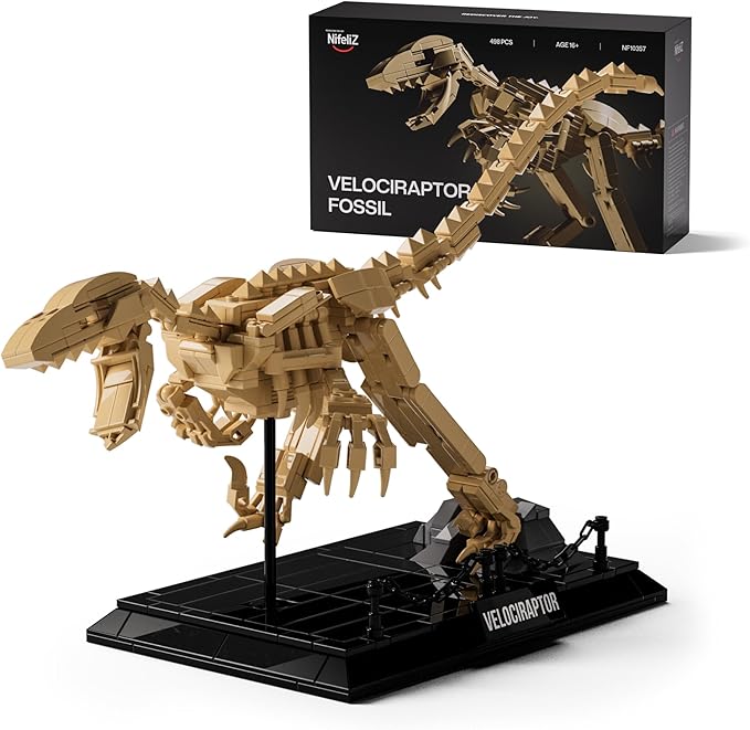 Nifeliz Velociraptor Fossil Model Set Dinosaur Skeleton Building Set with Display Base for Adults Collectible Gift for Dinosaur Enthusiasts (498 PCS NF10357)