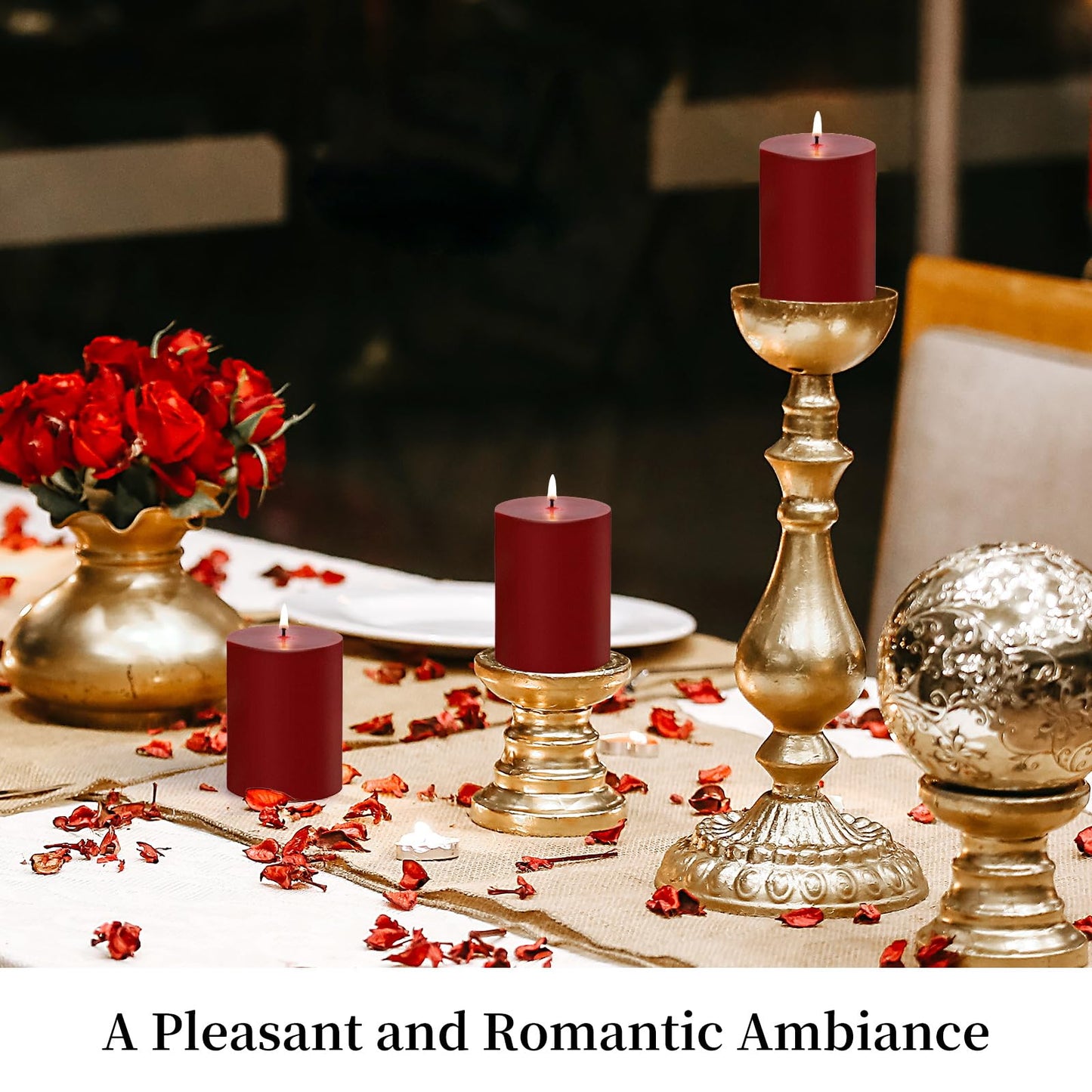 KONNI Dark Red Pillar Candles Set of 3, 3"x 4" Unscented Pillar Candles Bulk, 39 Hours Long Burning Candles, Smokeless&Dripless Large Round Candle for Wedding, Home Decoration, Parties, Spas, Dinner