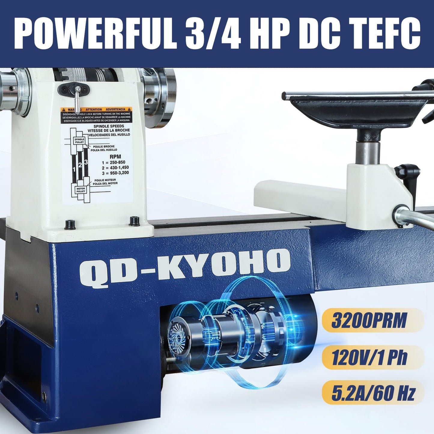 QD-KYOHO 12" X 16-1/2" Wood Lathe Machine，Variable-Speed 250-3200 RPM Digital Display Power Wood Lathes，3/4HP,120V 1PH Wood Turning Lathe,VSR Woodworking Lathe For Precision Woodworking Projects