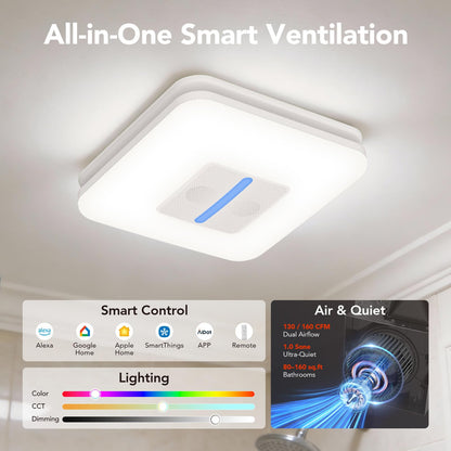 OREiN Matter Smart Bathroom Fan with Light – Humidity Sensor, 130–160 CFM Ventilation, Ultra-Quiet 1.0 Sone, Tunable White & Custom RGB, Dual Bluetooth Speakers, Compatible with Alexa & Google Home