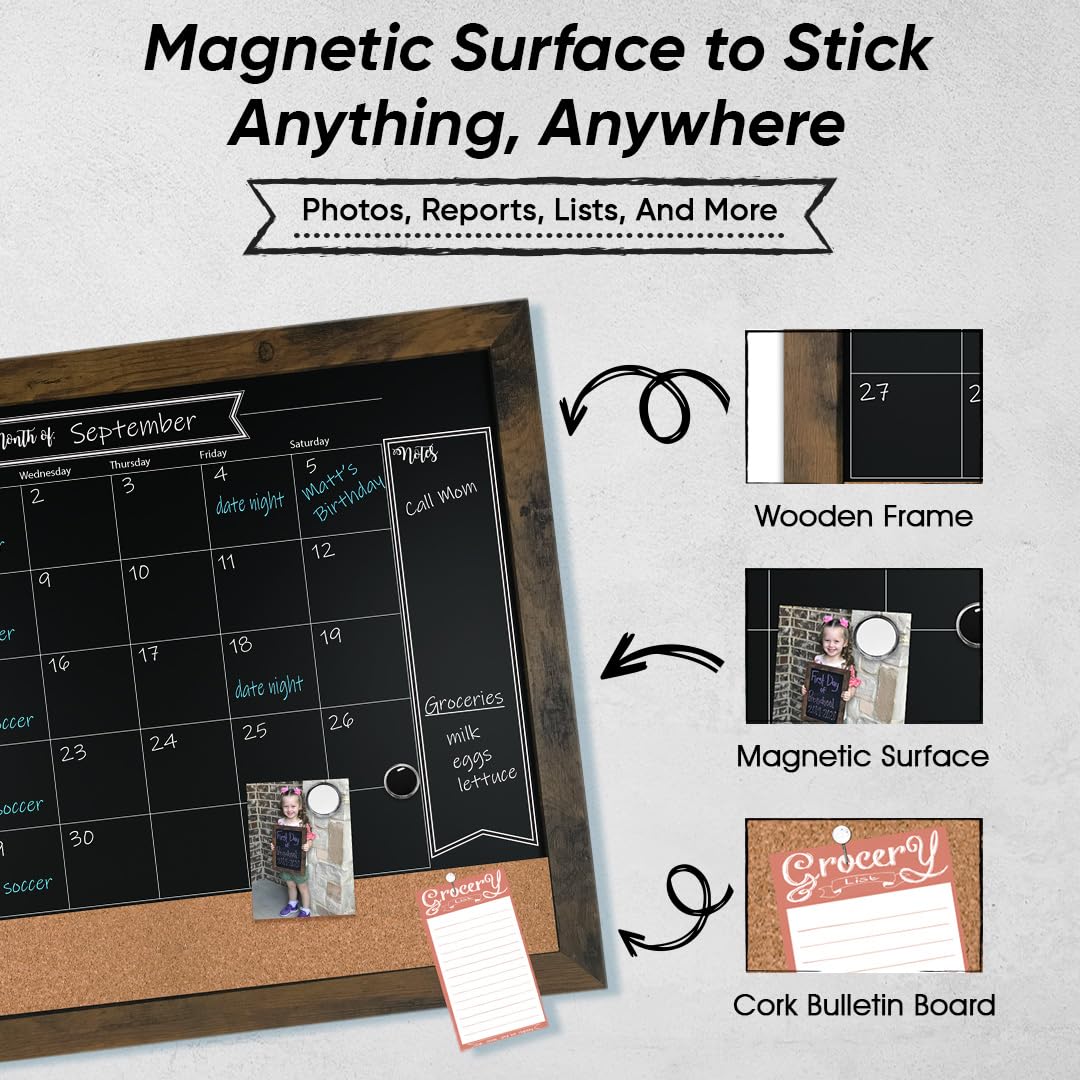 Loddie Doddie Chalkboard Calendar & Bulletin Combo - 18" x 24" Rustic Frame, with Chalk Markers, Push-Pins, Magnets, Blackboard - Kitchen Wall Calendar Organizer