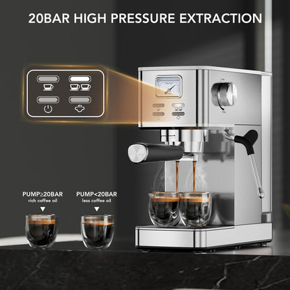 COWSAR Espresso Machine 20 Bar, Compact Commercial Espresso Maker with Milk Frother, Visual Pressure Gauge, Coffee Machine with 47oz Removable Water Tank and Capsule Funnel, for Cappuccino, Latte