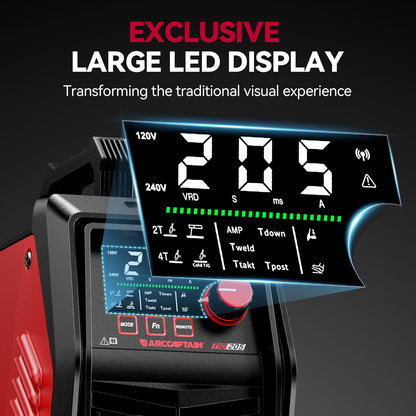 ARCCAPTAIN iControl TIG 205 Pro, 5 In 1 Cold Spot Stick/TIG Welder, 120V/240V Welding Machine with Large LED Display, 2T/4T, Hot start, Arc Force and Anti-stick